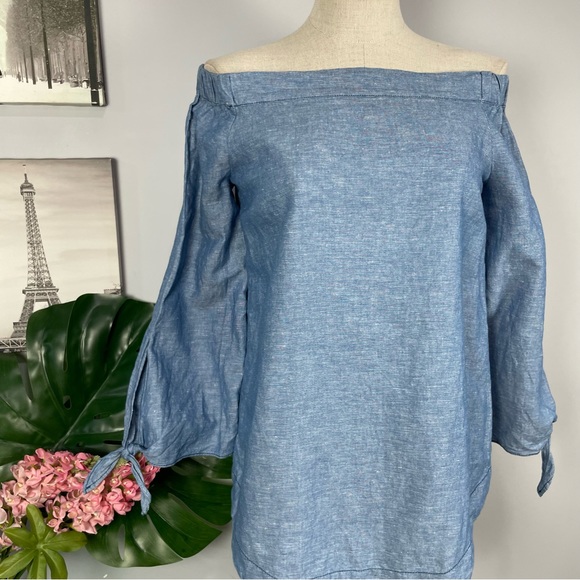 Free People linen/cotton Show Me Some Shoulder chambray blouse Sz XS - Picture 3 of 13